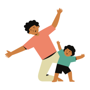 Adult and child making a pose with arms up