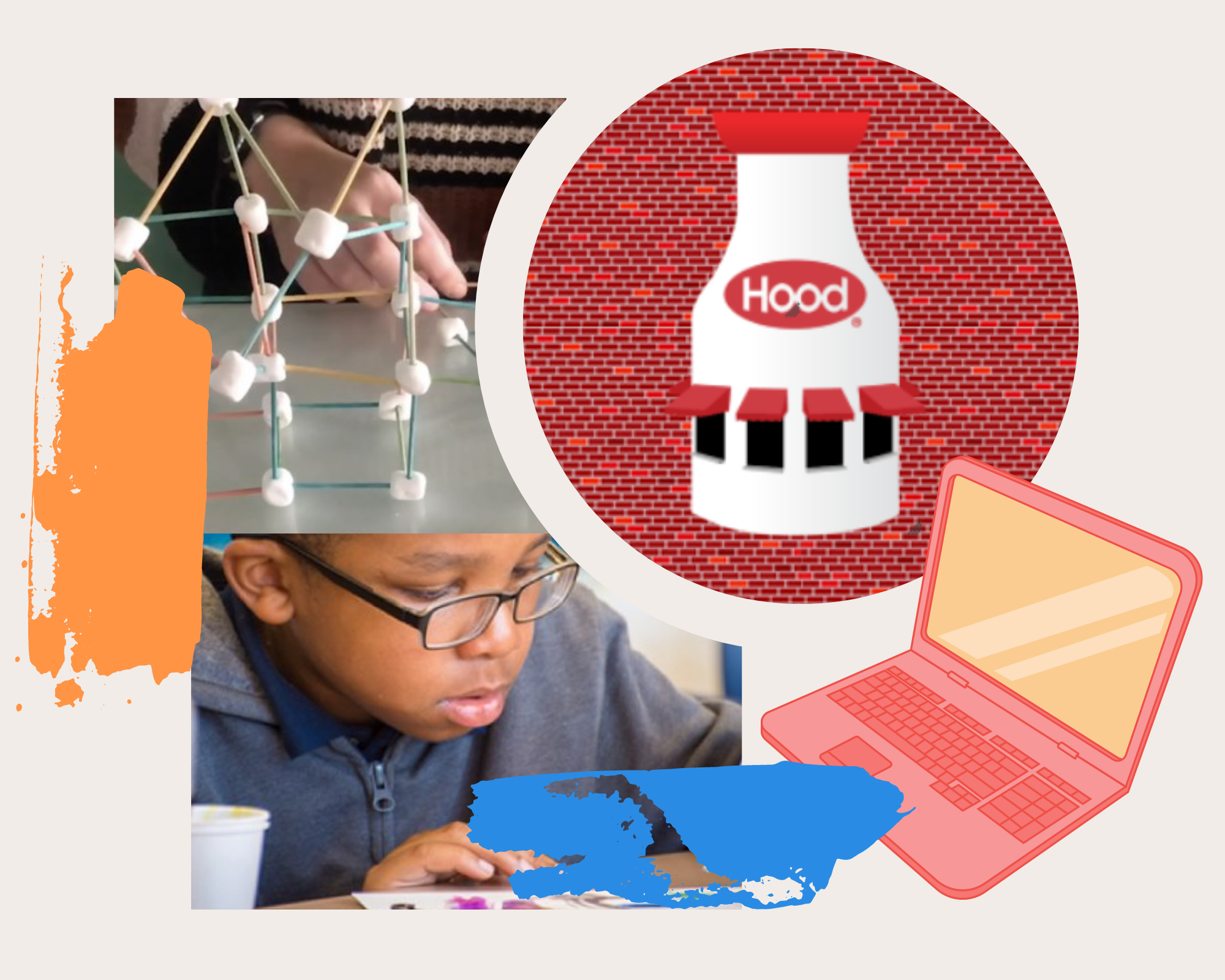 Collage of a child, tppthpick structure, zhood milk bottle, and a laptop